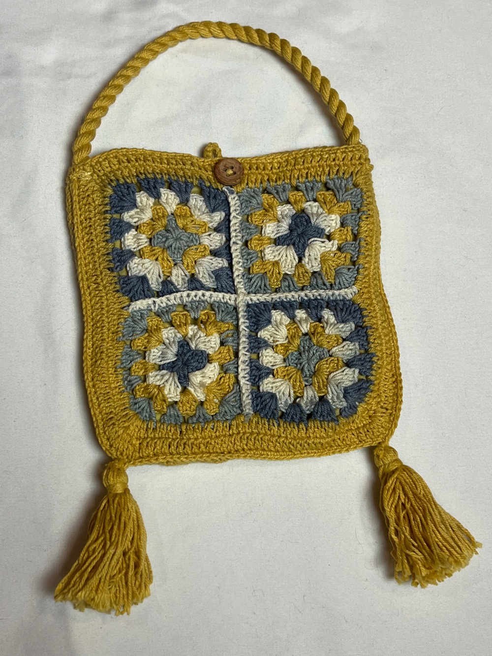 Handmade Crochet Square Mini Bag in Mustard Tassel Hippie Boho Festival
